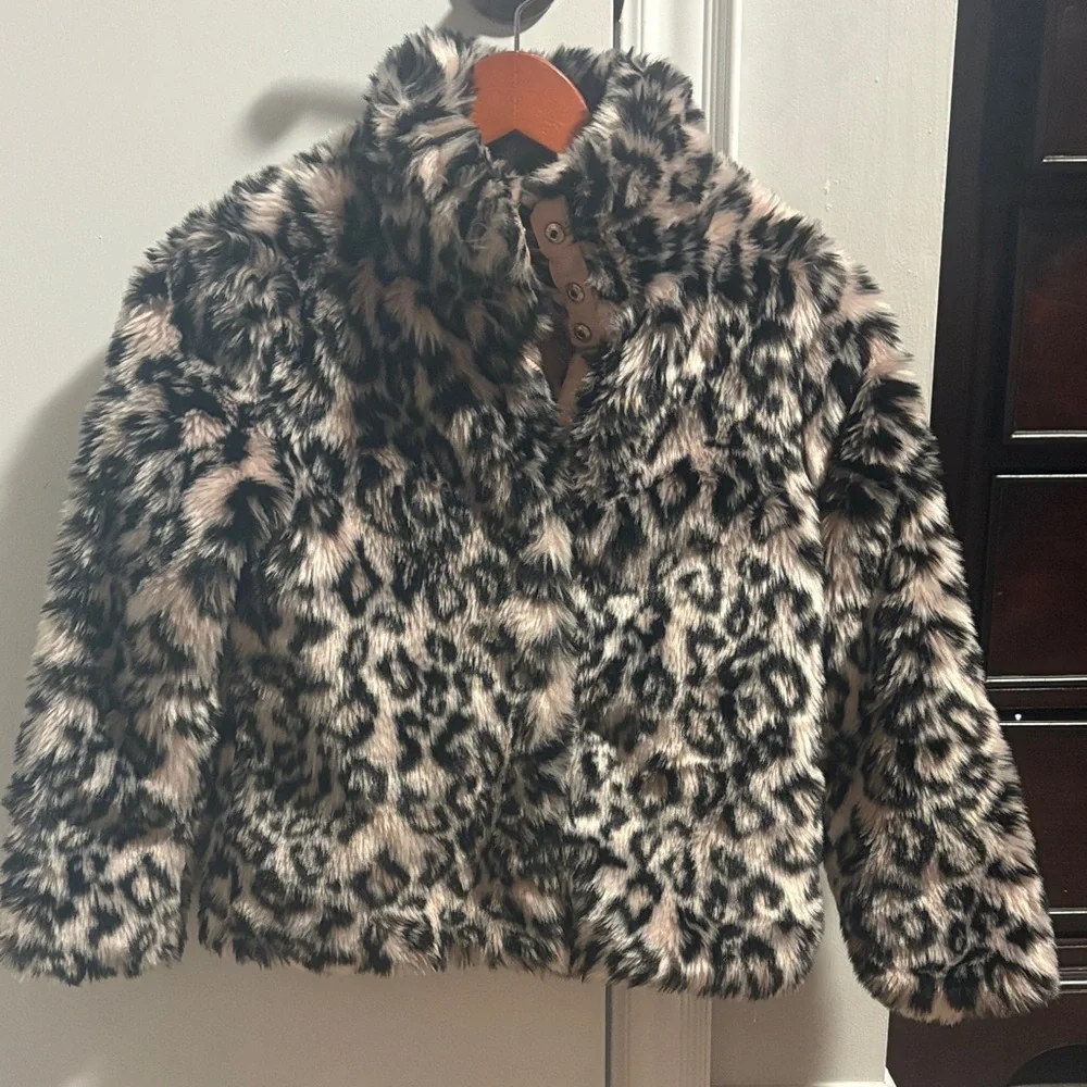 Aqua Faux Fur Animal Print Pea Coat - Picture 1 of 8